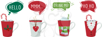 Christmas drinks. Hot winter cocoa chocolate with speech bubbles, festive coffee cups vector stickers. Illustration chocolate drink sweet, tea and cocoa