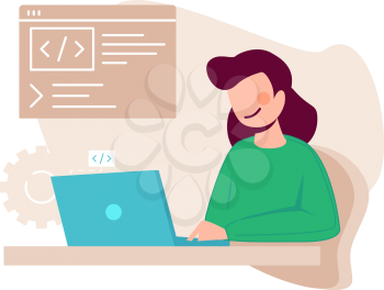 Female programmist. Woman writing code, content manager. Young girl working on laptop vector illustration. Programmer woman software, computer language written by freelancer