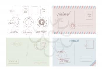 Postcard template. Vintage travel cards and letters with frames and borders vector illustrations. Border letter and correspondence postcard, mail postage