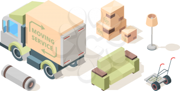 Loader service. Commercial company loaders moving and transporting furniture vehicle truck service people vector isometric set. Illustration shipping professional to relocation