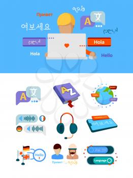 Translate icons. Nationalities alphabet global translation for bilingual foreign language app service graphic vector pictures. Bilingual communication, foreign english and german speech illustration