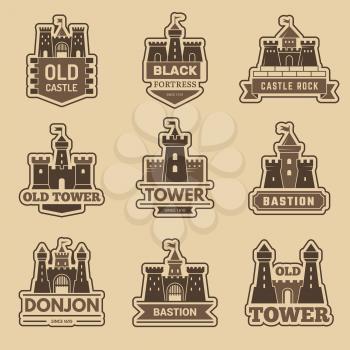 Castle logo. Medieval architectural castles with towers fort silhouettes vector monochrome logotype collection. Illustration building fort, history logo medieval