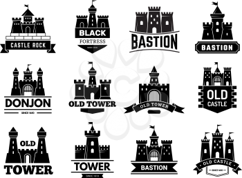 Ancient castles logo. Medieval fortress with towers vector badges or logotypes set. Illustration castle logotype, logo bastion collection