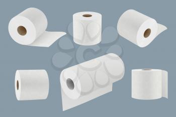 Toilet paper. White soft kitchen towel roll for hygiene 3d realistic templates vector collection. Toilet soft wipe, realistic roll for sanitary illustration
