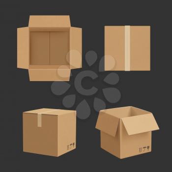 Cardboard box. Paper box different point views transporting package realistic vector mockup. Illustration paper cardboard blank, box empty container for pack