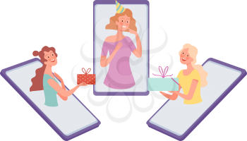 Online birthday party. Girls congratulate friend, internet communication. Female gives gifts vector illustration. Computer communication and celebration online together