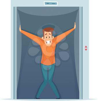 Claustrophobia. Frightened man in elevator, fear of confined space. Mental phobia vector illustration. Claustrophobia fear, space small elevator