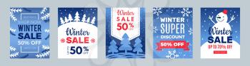 Discount banners. Winter best price flyers, xmas sale cards with snowman and snowflakes vector illustration. Xmas flyer advertising, winter promotion holiday clearance