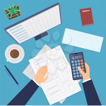 Financial accounting. Business plan, investment profit research. Office work desk top view vector illustration. Accounting financial view, analysis and calculate