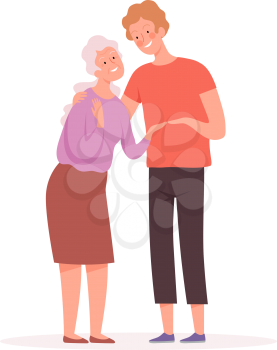 Grandmother and grandson. Elderly character, old woman and boy, social worker or relative vector illustration. Grandmother and child, happiness relationship