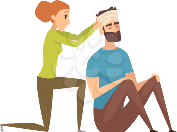 Head injury. Man with bandage needs help. Nursing or first aid, medical worker and patient vector illustration. Injury man head with bandage, emergency aid after accident