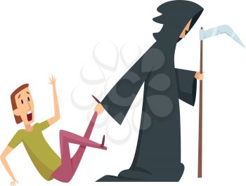 Man afraid. Death and male character, panic attack or mental disorder. Halloween joke, isolated panic person vector illustration. Fear male, afraid death, man scared and panic