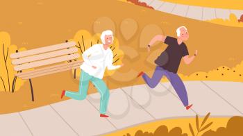 Elderly running in autumn park. Happy seniors characters, outdoor fall activity. Healthy lifestyle vector illustration. Autumn sport park, people jogging lifestyle