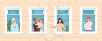 International neighborhood. Multicultural neighbors, cute people look out from windows. Family old woman, girl talk phone, stay home vector concept. Neighborhood house, neighbor windows illustration