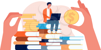 Investment in education. Student with laptop sit on stack of books. Hands holding coins vector illustration. Investment in knowledge, scholarship finance
