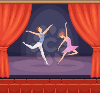 Ballet stage. Dancer male and female dancing on stage vector beautiful background with red curtains in theatre. Stage with dancing ballet performance, young girl and boy at concert illustration