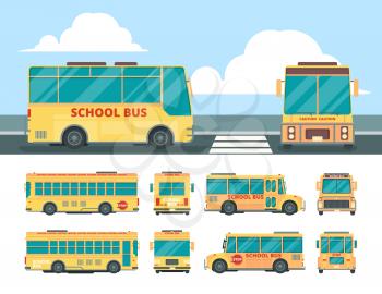 Yellow bus. School daily transport for kid bus in different point views vector vehicle. Illustration school bus and municipal shuttle for children