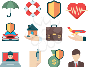 Insurance symbols. Various cases for travelers insurance type for business life and health special agents vector icons. Illustration health care and insurance shield, business safety