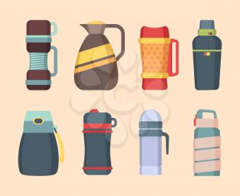 Vacuum flask. Steel mug and thermos for water or liquids containers bottles for coffee and food vector flat pictures. Illustration stainless thermos, thermo vacuum-bottle, vacuum-flask container