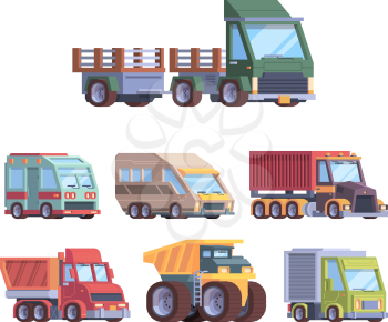 Trucks collection. Heavy industry and cargo service vehicles postal delivery trailer transport for builders vector illustrations. Cargo heavy lorry, industry vehicle and truck collection