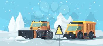 Snow removal. Heavy trucks cleaning urban road from snowstorm vector cartoon background. Illustration snow heavy truck, machine equipment plowing