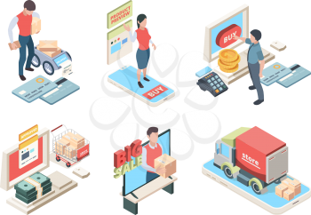 Online shopping. Isometric concept icon online marketplace ordering products from smartphones or tablets vector set. Illustration buy isometric marketing by smartphone