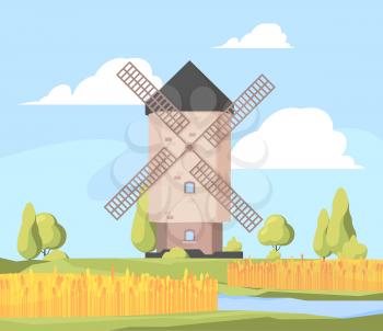 Rural landscape windmill. Farm background with growing wheat field and working windmill vector cartoon illustration. Farm windmill landscape, rural scene and field