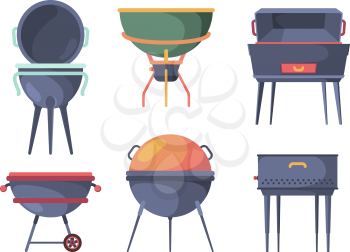 Grill stand. Bbq traditional outdoor picnic party items preparing hot steak stove burn vector illustrations. Fire cooking grill, equipment barbeque collection
