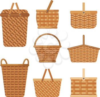 Decorative basket. Handcraft basket for products boxes for camping holiday hampers vector collection. Basket hamper to relaxation picnic, eco bag wicker illustration