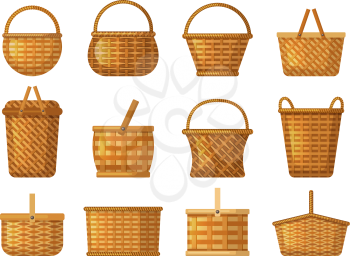 Holiday basket. Product hampers for camping vector handcraft basket cartoon collection. Basket hamper for picnic, summer basketry illustration