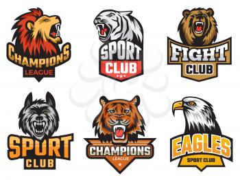 Sport emblem pack. Wild animals stylized picture for logo or team badges shields with mascots animals wolf bear vector. Illustration emblem animal badge, beast mascot for sport team