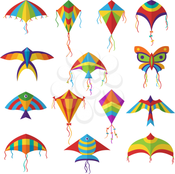 Air kite. Colored different shapes kite in sky festival toys for kids vector collection. Kite toy in sky, festival flying game, air hobby illustration