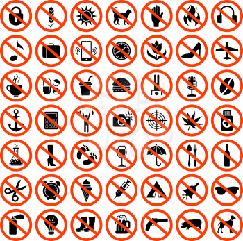 Forbidden icons. Prohibiting red symbols no motorcycle animals guns sound phones parking car vector set. Illustration forbidden big collection, prohibited and restrict
