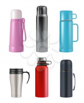 Thermos mockup. Realistic cup round containers vacuum flask for liquid products vector 3d set. Illustration vacuum thermos, vacuum-bottle with handle