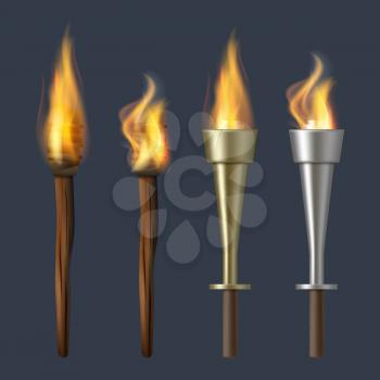 Fire torch. Realistic flame torches olympic bonfire vector illustrations. Fire burn flame torch, flare realistic collection. Glow and bright design flame