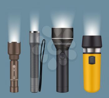 Flashlights. Electric handy flashlights for camping night searching lamp vector realistic collection. Illustration flashlight electric with battery, spotlight lamp portable