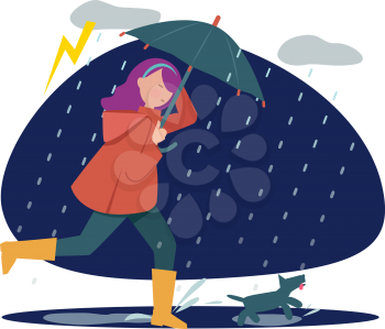 Rainy walking with dog. Girl with umbrella in storm weather, autumn season. Pet holder walk time vector illustration. Girl and dog under umbrella in rainy autumn