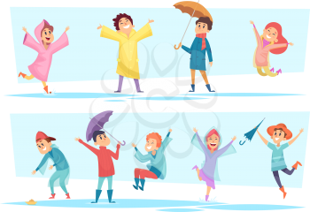 Rain characters. Happy kids playing in autumn puddles raincoat wet weather liquid seasonal games vector people. Illustration happy character walking and jump in rain