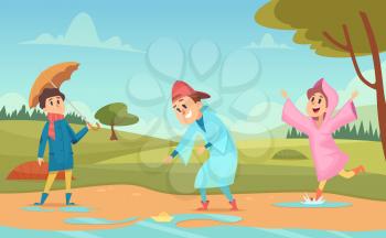 Kids in puddles. Seasonal background with happy peoples in raincoats and umbrellas raining environment cartoon vector illustration. Cartoon kids in raincoat with puddle water