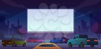 Outdoor cinema. Drive public cinema people watching movie from self cars vector cartoon landscape. Illustration movie screen theater, cinema entertainment outdoor