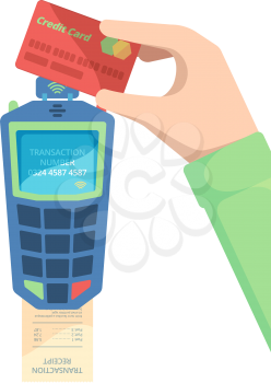 Pay card terminal. Hand holding debit card with nfc module money transfer payment machine for easy checkout vector concept. Card for transfer money use nfc, paying device contactless illustration