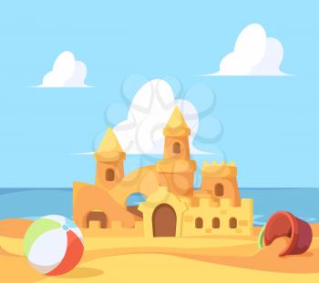 Sandcastle on seaside. Beautiful summer building from sand near ocean castles and fortress vector cartoon background. Illustration sand castle, realistic sandcastle near ocean