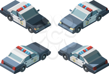 Police car. Emergency isometric vehicles different views police chase vector. Transport emergency police car, vehicle isometric and 3d automobile illustration
