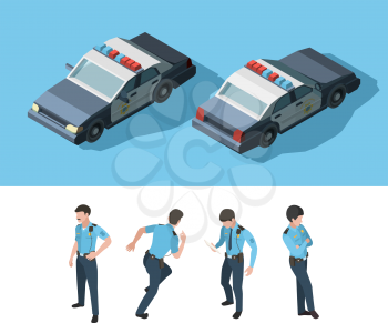 Policeman isometric. Guard officer security standing professional transport various point view vector. Illustration policeman guard, officer standing and automobile police