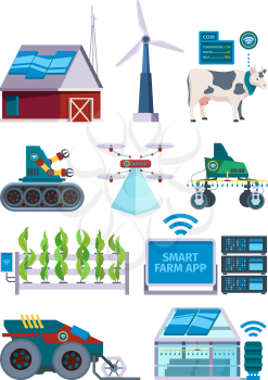 Smart agriculture. Future vehicle for farming robots drones electronic tools for farmers vector flat pictures. Smart future industry in agriculture, farming and harvesting innovation illustration