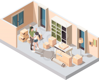 Couple moving packing. Happy young family opening packages in new house home apartments vector isometric concept. Illustration couple woman and man move in new house