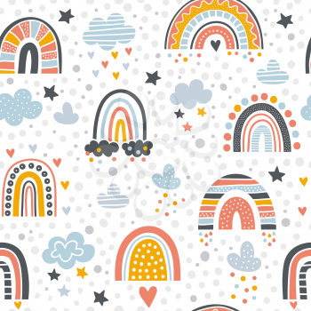 Scandinavian rainbow pattern. Graphic shapes of rainbow and rain drawn vector seamless background. Illustration adorable repetition star and stripe and rainbow