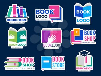 Book logo. Publishing business identity symbols stylized graphic pictures of books and magazines education learning concept vectors. Illustration education school, bookstore literature publishing