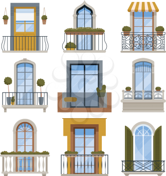 Balcony decor. Building wall front view facade with modern balcony vector architecture illustrations. Facade balcony, building decoration exterior outdoor view