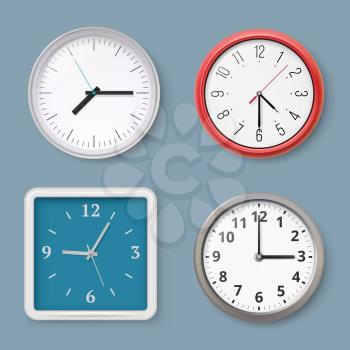Wall clock. Time symbols switches wall clock for office interior vector realistic illustrations. Clock office old-fashioned, business realistic clockwork hanging on wall